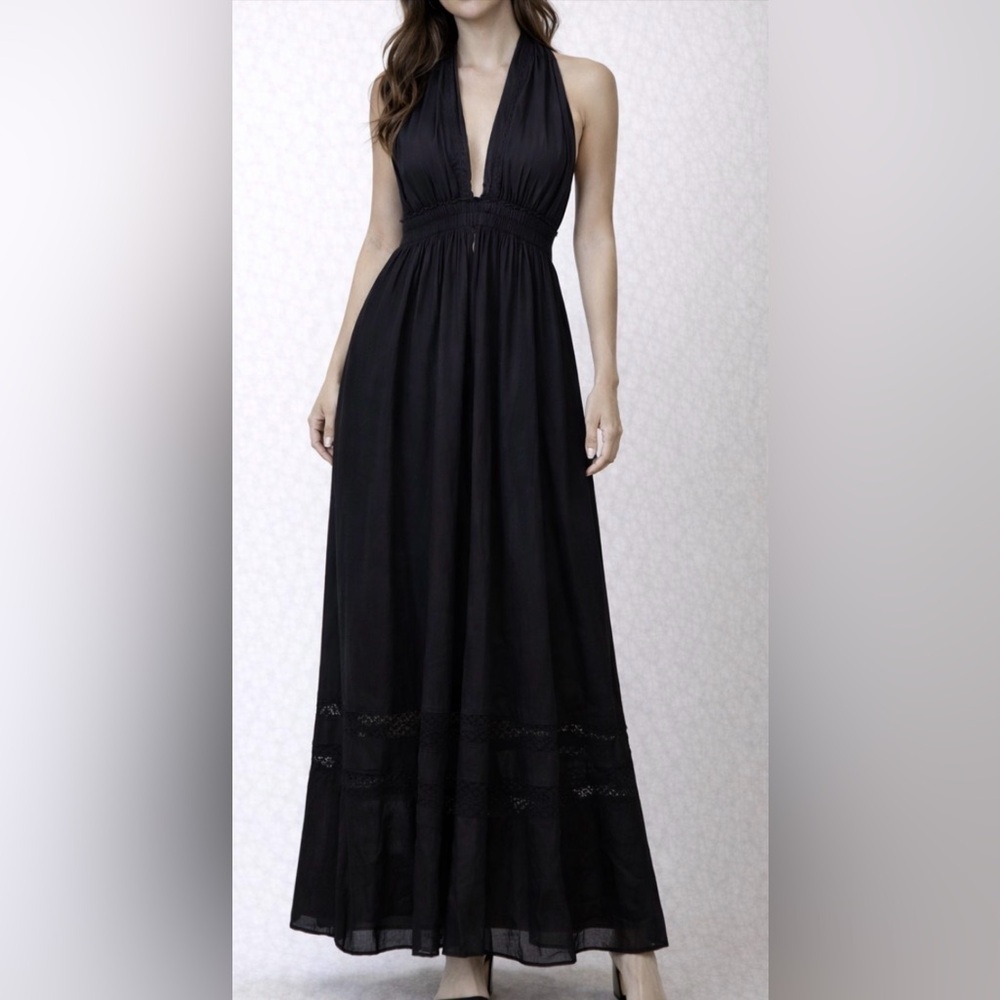 Love Shack Fancy Black Eyelet Lace Halter Neck Maxi Dress Lightweight Cotton